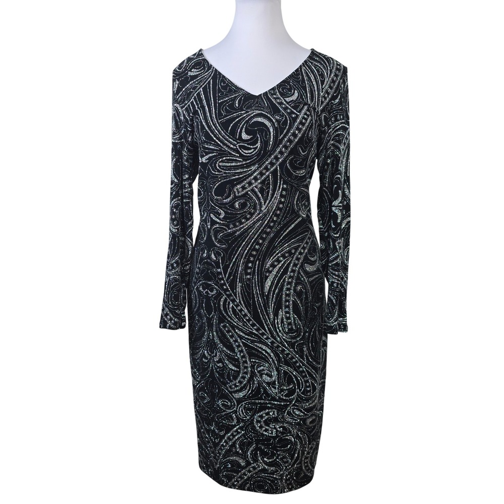 Blu Sage Womens 10 Black Silver Glitter Paisley Long Sleeve V-Neck Midi Dress
